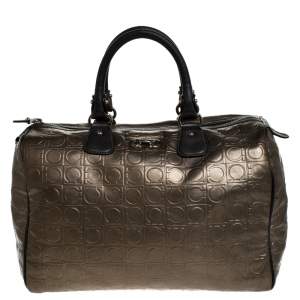مملوكة مسبقًا Salvatore Ferragamo Metallic Brown Gancini Embossed Leather Boston Bag
