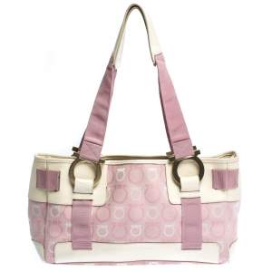 Pre Owned Salvatore Ferragamo Pink/Cream Gancini Canvas and Leather Tote