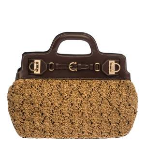 Pre Owned Salvatore Ferragamo Brown Straw and Leather Satchel
