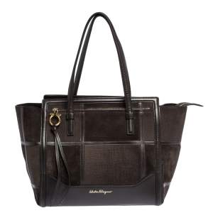 Pre Owned Salvatore Ferragamo Dark Brown Canvas,Suede and Leather Patchwork Amy Tote