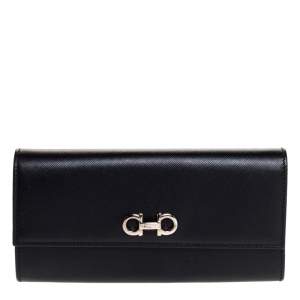 Pre Owned Salvatore Ferragamo Black Leather Double Gancio Continental Wallet