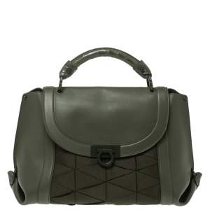 Pre Owned Salvatore Ferragamo Military Green Fabric and Leather Sofia Top Handle Bag