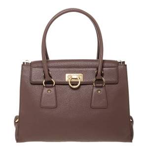 Pre Owned Salvatore Ferragamo Coffee Brown Grained Leather Lotty Top Handle Bag