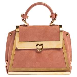 Pre Owned Salvatore Ferragamo Pink Suede and Metal Mini Sofia Top Handle Bag
