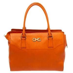Pre Owned Salvatore Ferragamo Orange Leather Gancio Tote