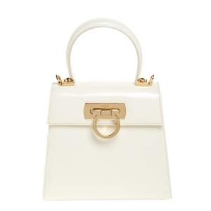 Salvatore Ferragamo Cream Patent Leather Kelly Top Handle Bag