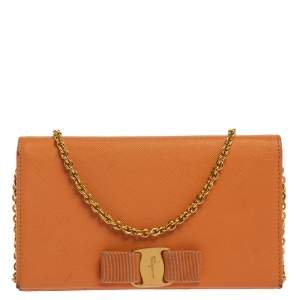 Salvatore Ferragamo Orange Leather Miss Vara Wallet On Chain