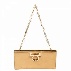 Pre Owned Salvatore Ferragamo Metallic Gold Leather Gancini Chain Clutch