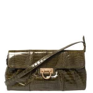 Pre Owned Salvatore Ferragamo Olive Green Crocodile Clutch