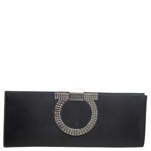 Pre Owned Salvatore Ferragamo Black Satin Musa Gancini Clutch