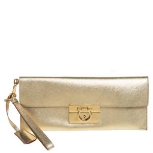 Pre Owned Salvatore Ferragamo Metallic Gold Leather Afef Gancio Clutch