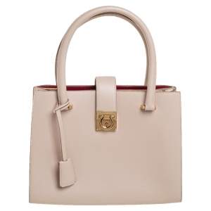 Pre Owned Salvatore Ferragamo Beige Leather Gancini Lock Tote
