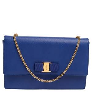 مملوكة مسبقًا حقيبة كتف سالفاتوري فيراغامو سلسلة فيونكة فارا جلد أزرق