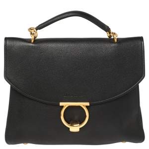 Pre Owned Salvatore Ferragamo Black Leather Margot Gancini Top Handle Bag