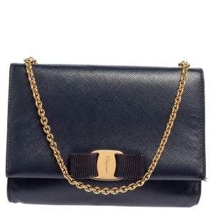 Pre Owned Salvatore Ferragamo Blue Saffiano Leather Vara Bow Chain Clutch