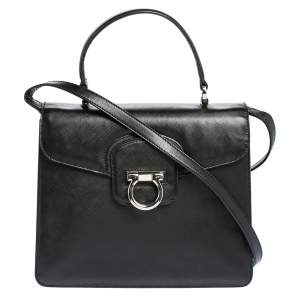 Pre Owned Salvatore Ferragamo Black Leather Gancio Flap Top Handle Bag