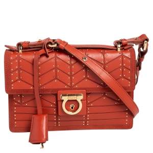 Salvatore Ferragamo Orange Leather and Suede Studded Aileen Shoulder Bag