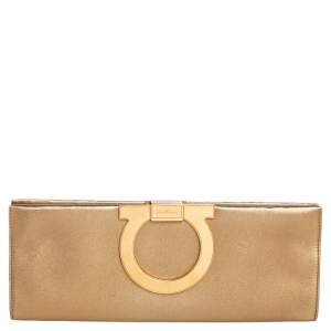 Pre Owned Salvatore Ferragamo Metallic Gold Leather Musa Gancini Clutch