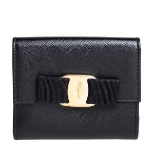 Salvatore Ferragamo Black Leather Vara Bow Compact Wallet