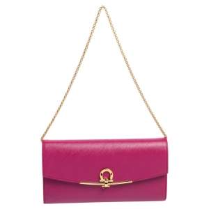 Pre Owned Salvatore Ferragamo Fuchsia Leather Gancini Chain Clutch