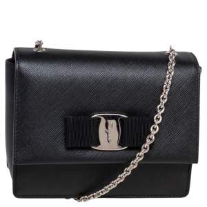 Salvatore Ferragamo Black Leather Vara Bow Chain Shoulder Bag