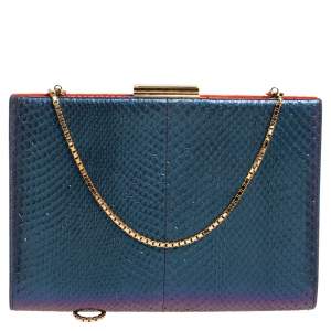 Pre Owned Salvatore Ferragamo Orange/Iridescent Suede and Python Chain Clutch