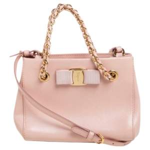 Pre Owned Salvatore Ferragamo Pink Leather Mini Melike Vara Bow Chain Tote