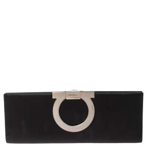 Pre Owned Salvatore Ferragamo Black Satin Musa Gancini Clutch