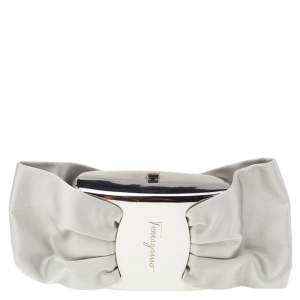 Pre Owned Salvatore Ferragamo Grey Satin And Silver-Tone Metal Bow Clutch