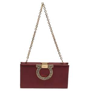 Pre Owned Salvatore Ferragamo Burgundy Satin Musetta Gancini Clutch 
