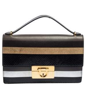 Pre Owned Salvatore Ferragamo Multicolor Stripe Leather and Python Trim Aileen Top Handle Bag