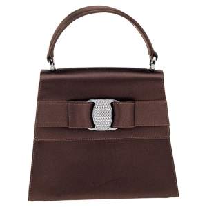 Pre Owned Salvatore Ferragamo Dark Brown Satin Crystal Embellished Vara Bow Top Handle Bag