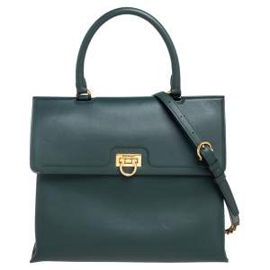 Pre Owned Salvatore Ferragamo Green Leather Kelly Top Handle Bag