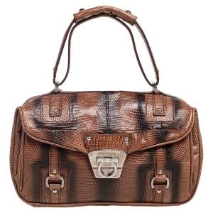 Pre Owned Salvatore Ferragamo Brown Lizard Gancini Flap Top Handle Bag