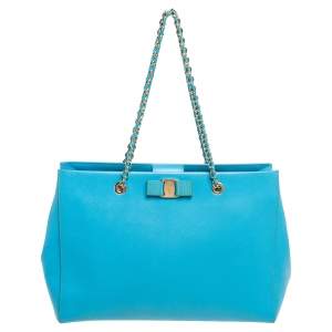 Pre Owned Salvatore Ferragamo Light Blue Saffiano Leather Vara Bow Tote