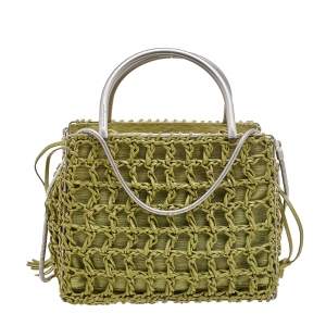 Pre Owned Salvatore Ferragamo Green Woven Leather And Fabric Metal Handle Tote