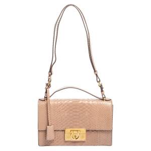 Pre Owned Salvatore Ferragamo Dusty Pink Python Gancio Flap Top Handle Bag