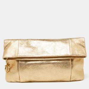 Pre Owned Salvatore Ferragamo Metallic Gold Karung Leather Fold Over Clutch