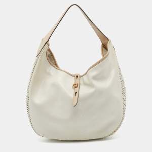 Pre Owned Salvatore Ferragamo Beige/Off White Leather Perforated Hobo