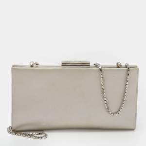 Pre Owned Salvatore Ferragamo Silver Satin Chain Clutch