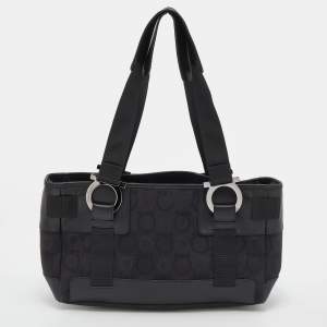 Pre Owned Salvatore Ferragamo Back Gancini Canvas and Leather Tote
