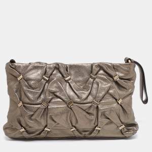 Pre Owned Salvatore Ferragamo Metallic Bronze Leather Vara Gathered Clutch