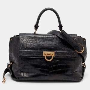 Pre Owned Salvatore Ferragamo Black Crocodile Leather Sofia Top Handle Bag
