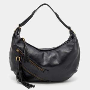 Pre Owned Salvatore Ferragamo Black Leather Tassel Detail Hobo