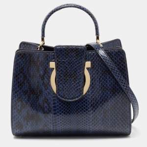Pre Owned Salvatore Ferragamo Blue Python and Leather Thea Top Handle Bag