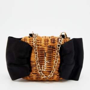 Pre Owned Salvatore Ferragamo Black/Brown Rattan and Satin Bow Chain Clutch 