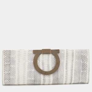 Pre Owned Salvatore Ferragamo White/Grey Waterskin Clutch