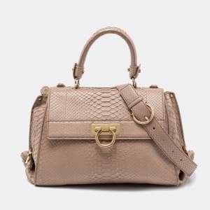 Pre Owned Salvatore Ferragamo Beige Snakeskin Embossed Leather Sofia Top Handle Bag