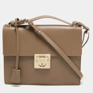 Pre Owned Salvatore Ferragamo Dark Beige Leather Gancio Lock Top Handle Bag