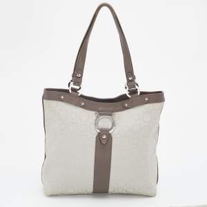 Pre Owned Salvatore Ferragamo Taupe Gancini Canvas And Leather Tote